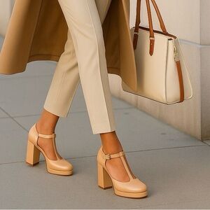 POP Worthy Nude Vegan T-Strap Platform Heels | Size 9 M | New With Tag